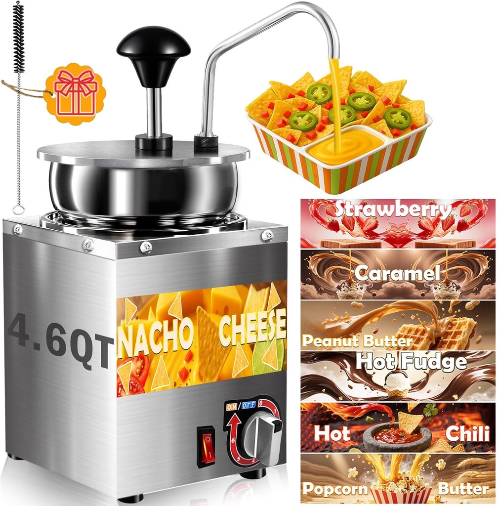 Nacho Cheese Dispenser, 4.6 Qt Nacho Cheese Warmer with Stainless Steel Pump, Hot Fudge Warmer with 6-Level Temperature Adjustment, Commercial Sauce Dispenser Machine for Butter Cheese Caramel Syrup
