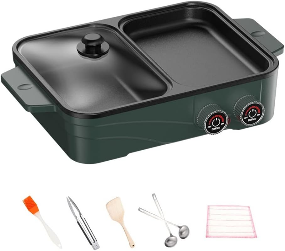 Electric Grill green Indoor Hot Pot with Glass Lid & Removable Non-Stick Grill Plate,Separate Dual Temperature Contral, for 2-8 People Family Gathering Friend Meeting Party