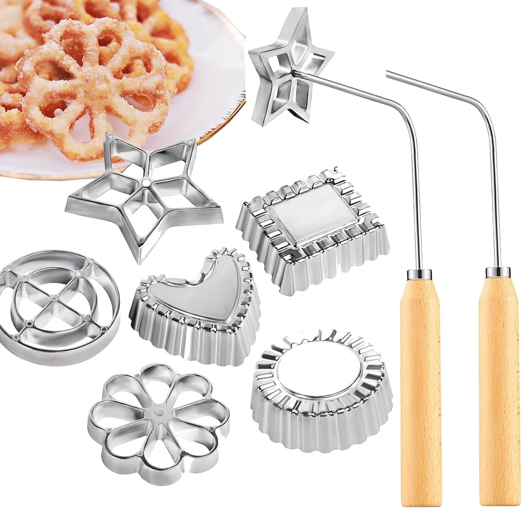 8PCS Rosette Timbale Set,Aluminum Waffle Molds Rosette Iron Set with Wooden Handle,Homemade Lotus Flower Bunuelos Cookie Mold,Detachable Rosette Maker Kitchen Baking Cooking Tool