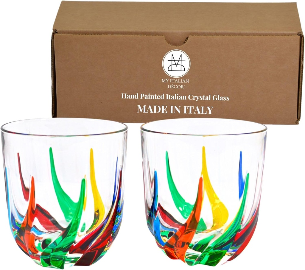 Italian Crystal Whiskey Glass Set of 2, Trix, 12 oz Glass Thick Bottom Bourbon Glasses Old Fashioned Rocks Glasses Tumbler for Scotch, Cocktail, Liquor, Home Bar Whiskey Gifts for Men - Made in Italy