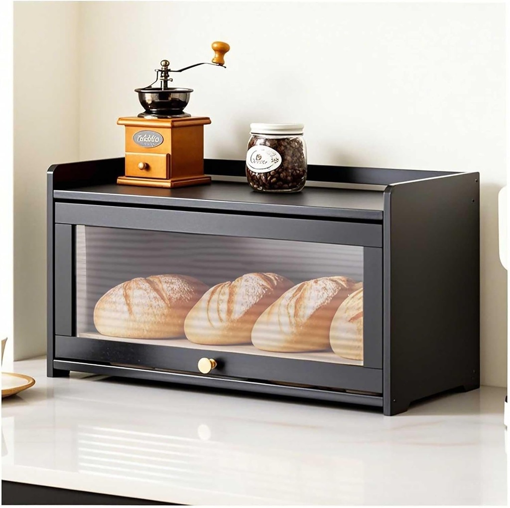 Bread Box, Bread Box for Kitchen Countertop, Large Capacity Bread Storage Container, with Acrylic Door, Bamboo Shelves, for Kitchen, Dining Room, Bakery,Black,52×28cm/20×11in
