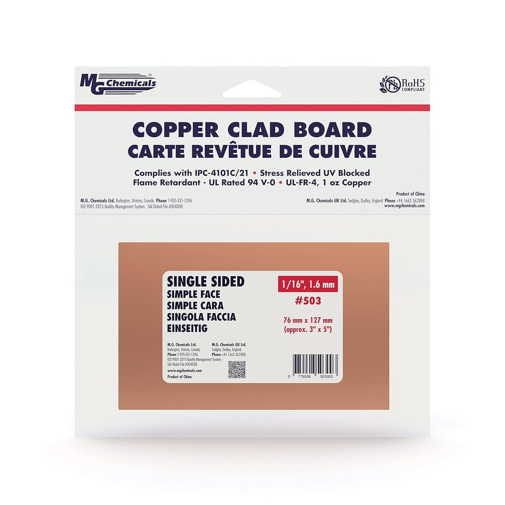 MG Chemicals - 503 Copper Clad Board, Single Sided, 5" x 3", 1 oz Copper, 1/16" Thick, FR4