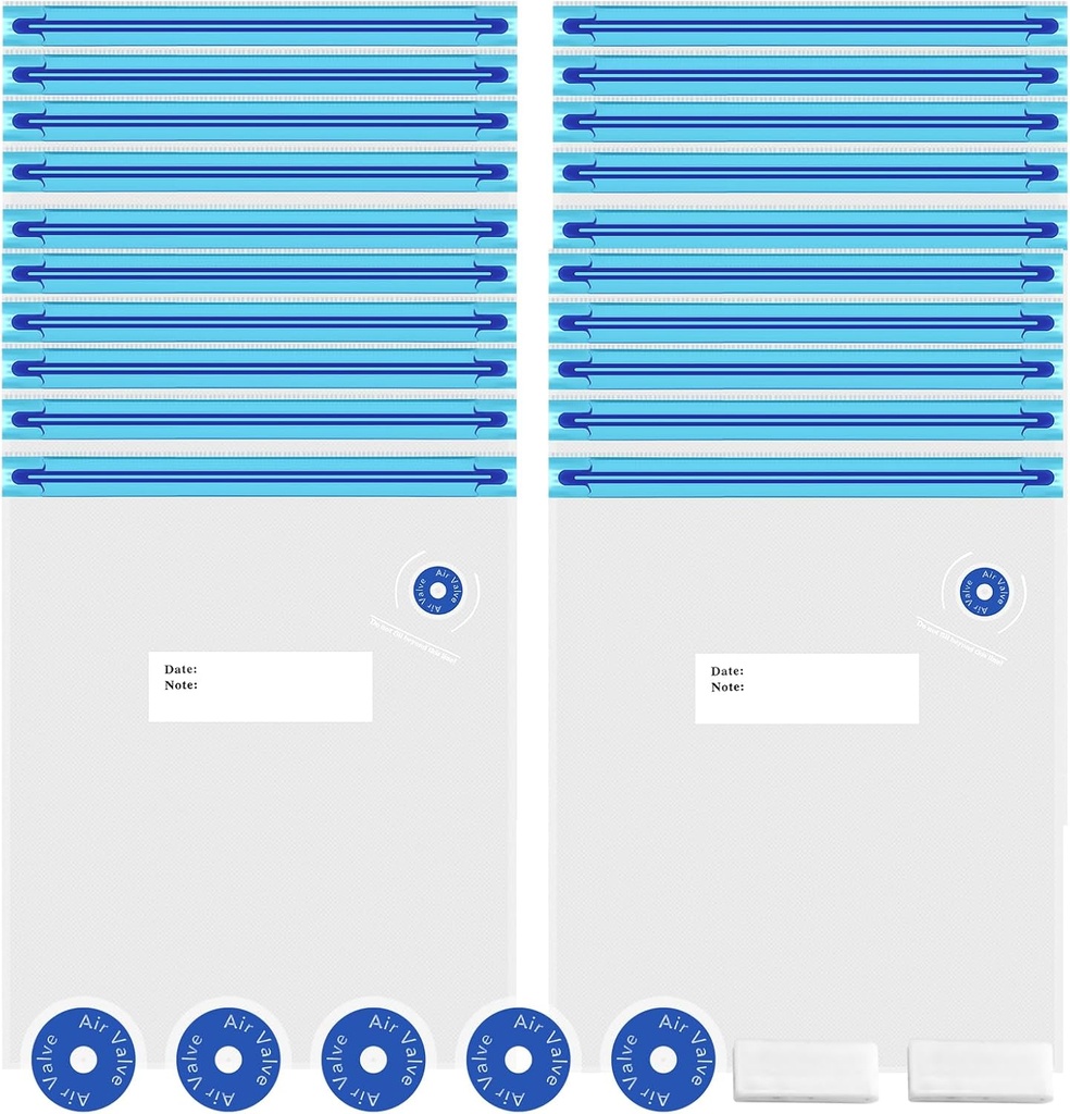 Sous Vide Bags 27Pcs, BPA Free Reusable, Double-Layered Food Storage (13.5 x 10 in) for Cooking, Food Storage, and Microwave Heating. Includes 20 Vacuum Zipper Bags, 2 Seal Clips, and 5 Air Valves.