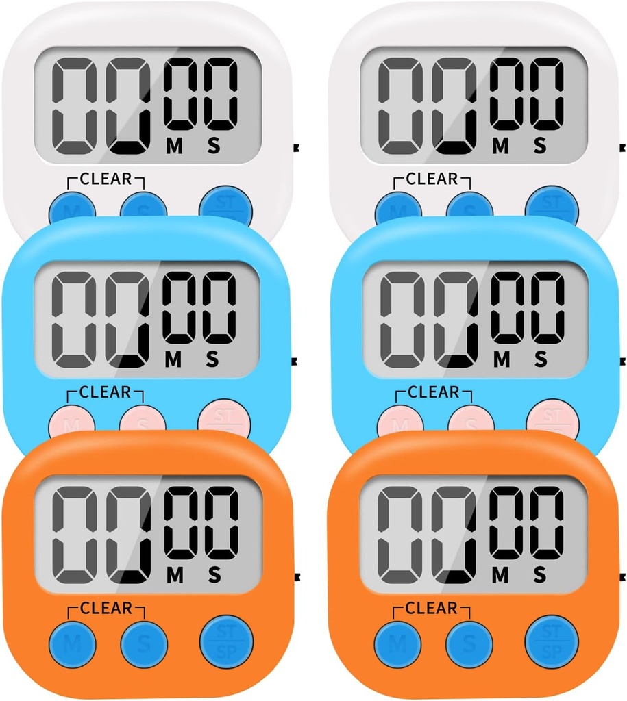 6 Pack Small Digital Kitchen Timer Magnetic Back and ON/Off Switch,Minute Second Count Up Countdown (Multicolored)