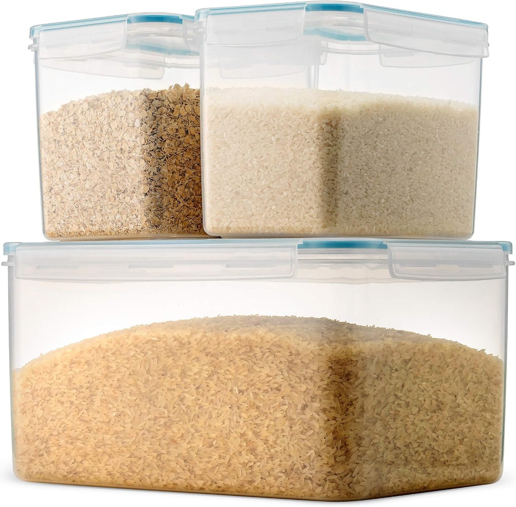 Komax Biokips Extra Large Rice Container – Airtight Food Storage Containers for Rice, Baking Supplies, or Dry Food – 48.6 Cups Rice Dispenser w/Handle + 2 Nestable 15.2 Cups Food Containers (3-Pack)