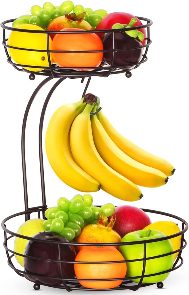 Bextsrack 2-Tier Countertop Fruit Basket Bowl with Banana Hanger, Metal Wire Fruits Stand Holder Storage Organizer for Kitchen, Bronze