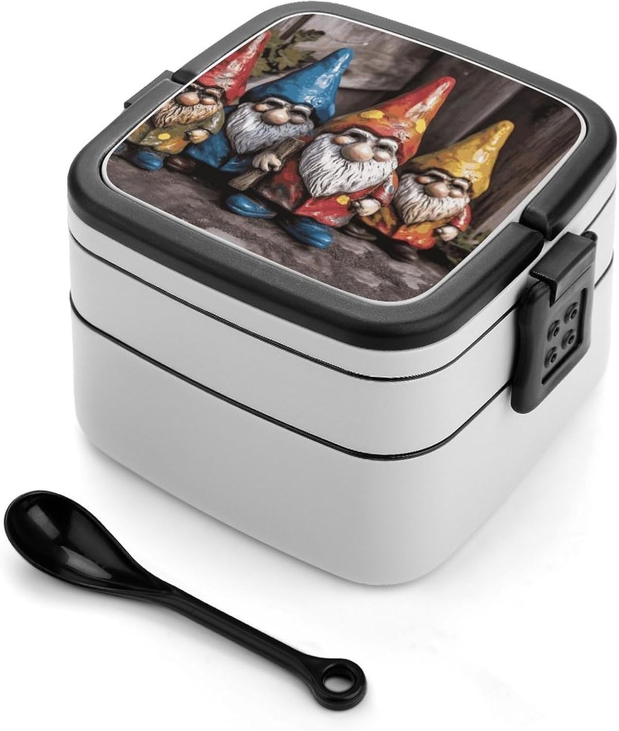 Bento Box Double Layer Lunch Box with Spoon And Handle Leak-Proof All-in-One Bento Boxes for Adults Colorful Gnomes Lunch Containers Stackable Lunchbox for Dining Out Travel