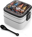 Bento Box Double Layer Lunch Box with Spoon And Handle Leak-Proof All-in-One Bento Boxes for Adults Colorful Gnomes Lunch Containers Stackable Lunchbox for Dining Out Travel