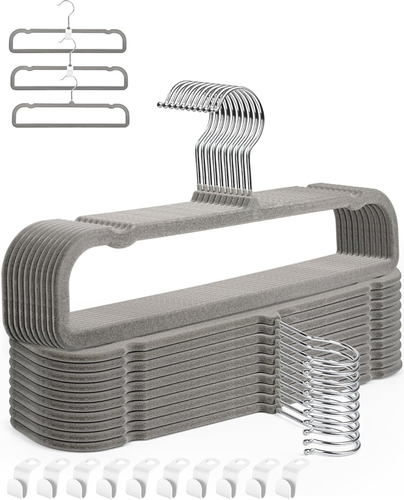 Velvet Pant Hangers, 20pcs Heavy Duty Flocked Trouser Hangers with Non-Slip Bar, 35cm(L) Adult Clothes Hanger with Swivel Hook, Slim Felt Jean Hangers for Shorts, Dress, Scraf, Bar (Grey-Silver)