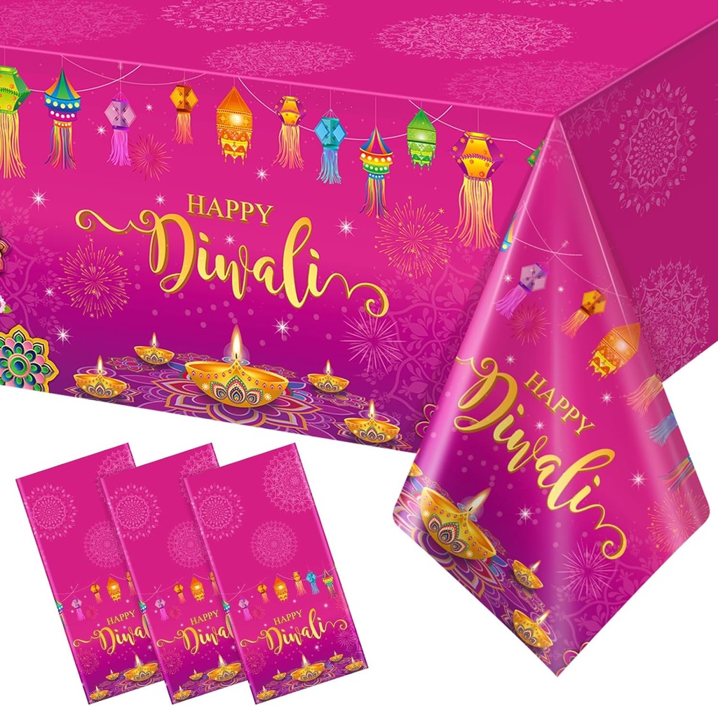 3 Pack Happy Diwali Disposable Tablecloth, Festival of Lights Plastic Table Cover for Rectangle Tables, Diwali Table Cloth for Indian Diwali Light Celebration Party Supplies Decorations, 54×108 Inch