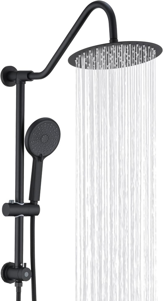 10 Inch Rain Shower Head with Handheld System, 24" Drill-free Slider Bar with Low 3-Way Diverter for Easy Reach, 4 Setting Handheld Spray with 5Ft Stainless Steel Hose - Matte Black