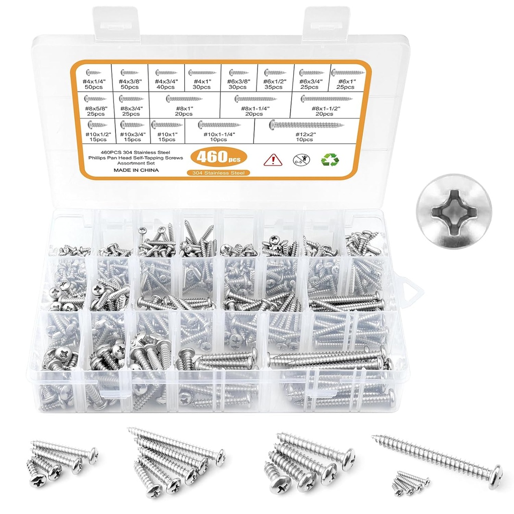 460PCS Stainless Steel Wood Screws Assortment Kit, 18 Sizes #4#6#8#10#12 Pan Head Sheet Metal Screws Self Tapping Screws Set for Wood Deck Drywall Concrete Screws, Length 1/4" to 2"