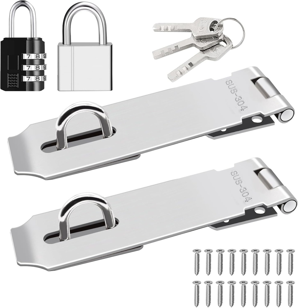 Tnisesm 2 Pack Door Hasp Latch Lock with Combination Lock&Keys Lock, 5 Inch 304 Stainless Steel Safety Packlock Clasp Hasp Lock Latch Extra Thick Gate Lock Hasp with Screws Brushed Finish