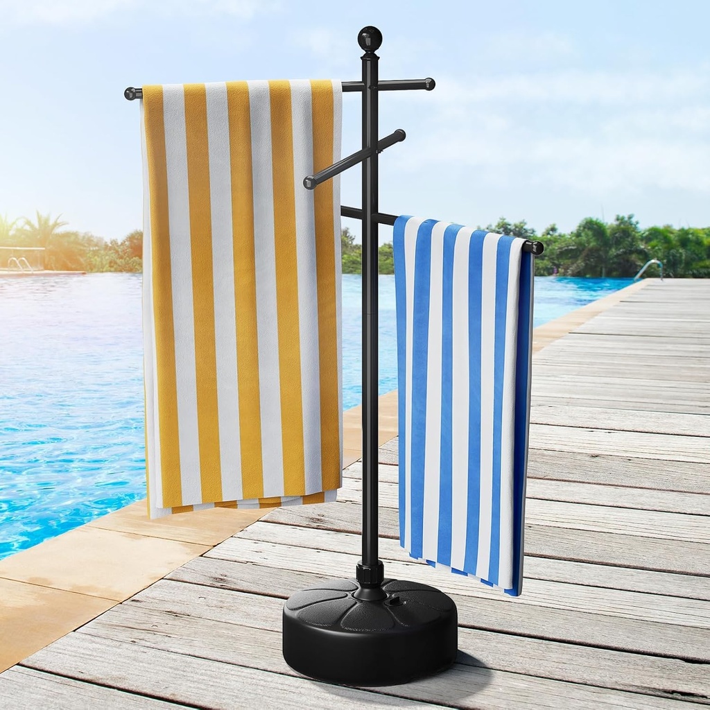 ELYKEN Pool Towel Rack Outdoor, 59" Outdoor Towel Rack with 3 Adjustable Bars, Pool Towel Holder with Weighted Base, Freestanding Towel Dying Rack Towel Stand for Poolside, Spa, Hot Tub, Black