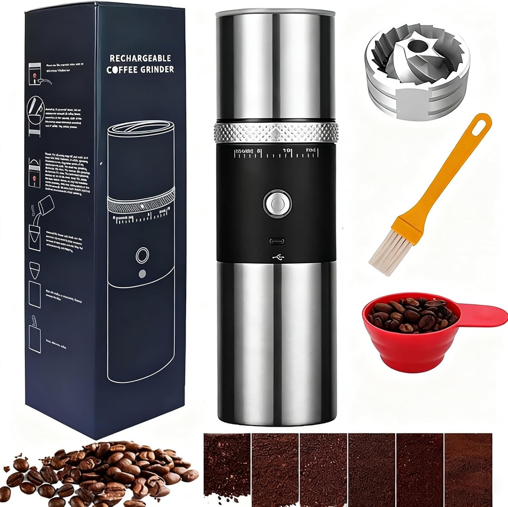 Electric Burr Coffee Grinder,Toycol Portable Cordless Rechargeable Espresso Coffee Bean Grinder,USB Battery Travel Car Coffee Maker with 15 Fine to Coarse Grind Settings for Home Use (Black)