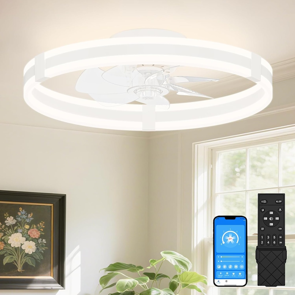 VOLISUN Ceiling Fans with Lights and Remote, 19.7in Low Profile Ceiling Fans with Light, 3000K-6500K Dimmable Fandelier Ceiling Fan, White Flush Mount Ceiling Fan for Bedroom