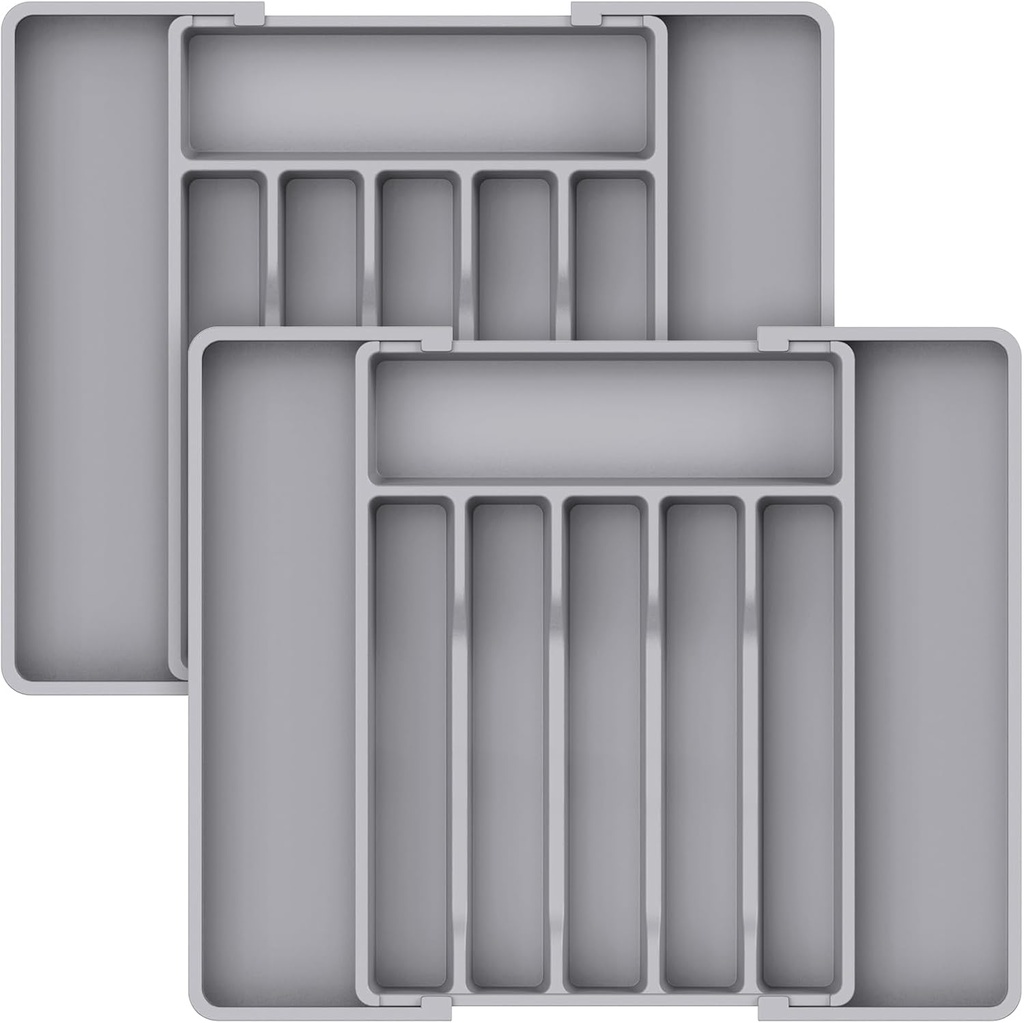 Lifewit Silverware Drawer Organizer, Expandable Utensil Tray for Kitchen, BPA Free Flatware and Cutlery Holder, Adjustable Plastic Storage for Spoons Forks Knives, 2 Pack, Grey