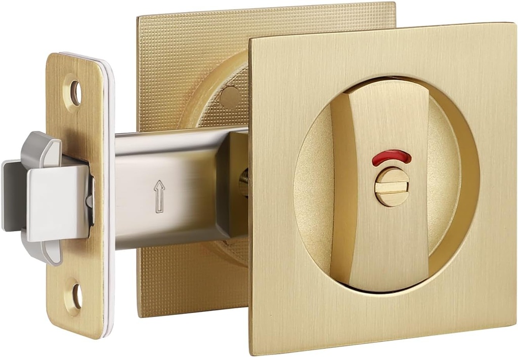EHOMEWARE 1 Pack Gold Pocket Door Hardware, Privacy Pocket Door Lock with Red-Green Indicator, Keyless Square Pocket Door Handles, Recessed Sliding/Bifold Door Hardware, Contemporary Flat Door Knob