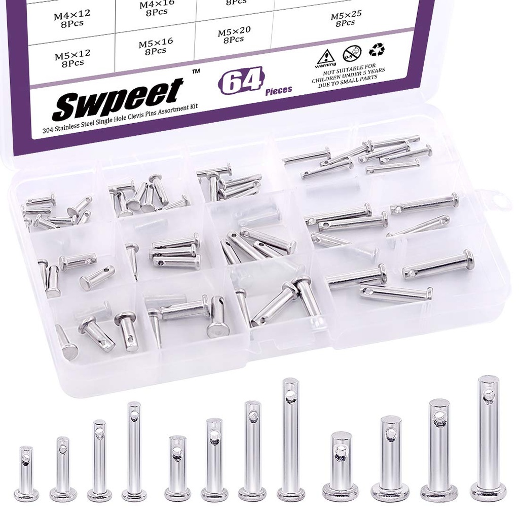 Swpeet 64Pcs 304 Stainless Steel M3 M4 M5 12 Type Clevis Pin Assortment Kit, Flat Head Pin with Hole Location Pin T-Shape Round Pin with Plastic Box