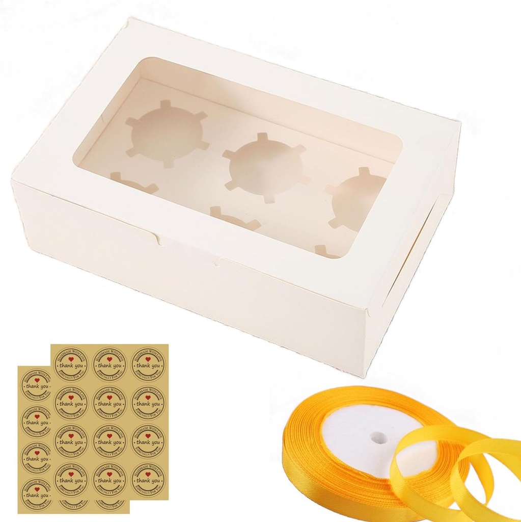 12 PCS Cupcake Boxes, 6 Count White Cupcake Container with Window, Square Cardboard Cake Box for Birthday Holiday Party Bakery Supplies 9.4"x6.1"x3" (with Stickers and Straps)