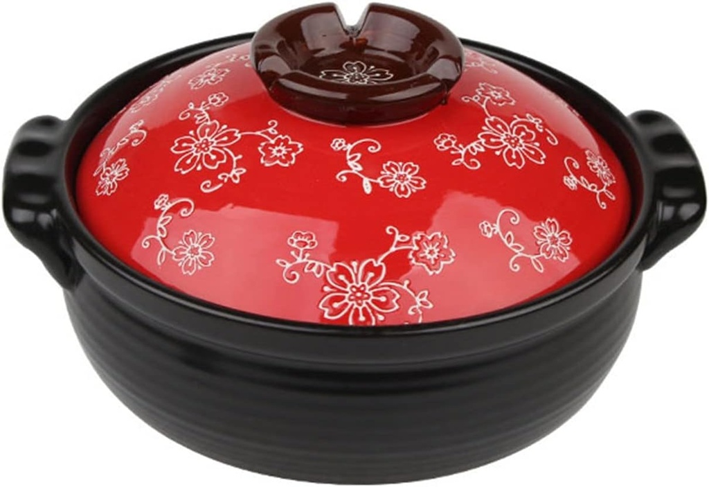 Clay Pot for Cooking Hot Pot Round Ceramic Casserole Japanese Rice Cooker with lid, Clay Rice Pot Slow stew, Microwave Oven Safe (Color : Red, Size : 1000ml(1.05Quarts))
