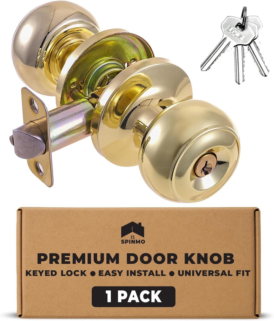 Door Knob with Keyed Lock Easy Install Brass Door Knobs Interior Exterior Safe Secure Entry Satin Brass Universal Fit Brushed Door Knob Closet Bedroom Bathroom Polished Elegant Design (Gold, 1 Pack)