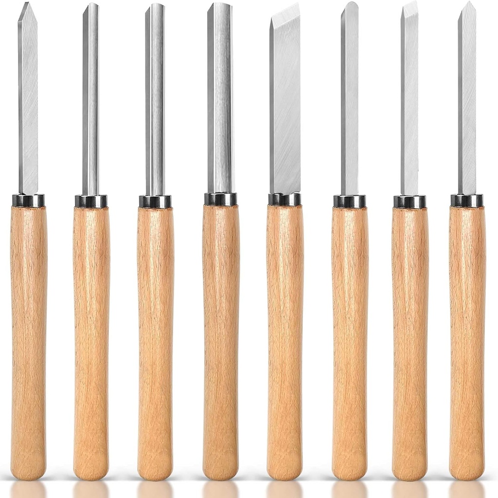 8 Piece Heavy Duty Wood Turning Chisel Set, Lathe Chisel Cutting Tools, (3) Gouge (1) Round Nose (1) Spear Point (2) Skew and (1) Parting Tools for Beginner to Professional