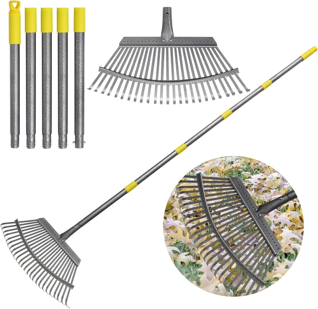 Rake for Leaves, Heavy Duty Metal Leaf Rake with 25 Tines 18" Wide Head, Adjustable 36-73" Long Handle Garden Rakes, Gardening Tools for Lawn, Yard, Shrub, Garden Beds Leaf Cleanup