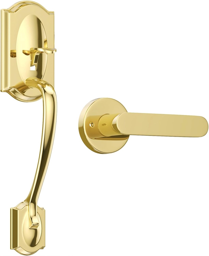 Gold Front Door Handle, Entry Door Handleset, Lower Half Grip, Reversible Lever Handle, for Left/Right Handed Exterior & Interior Doors, Polished Brass