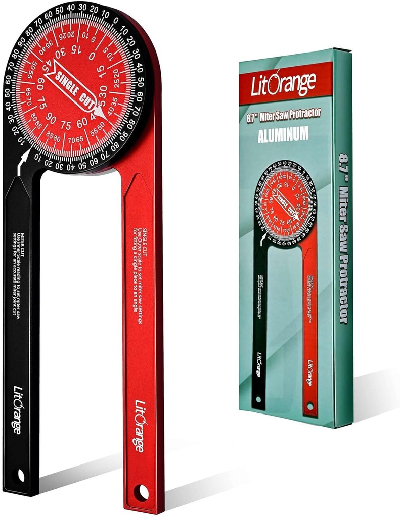 Aluminum Miter Saw Protractor Plus | 8.7-Inch Angle Finder Featuring Precision Laser Engraved Scales for Inside Outside Corner, Carpenters, Plumbers and All Building Trades, Two-color Design