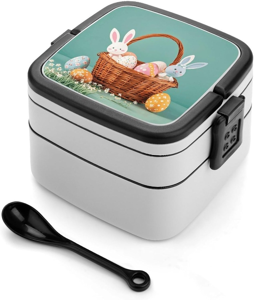 Double Layer Bento Box for Adults Easter Bunny Basket Eggs Print Stackable Bento Box Removable Lunch Boxes for Dining Out,Work
