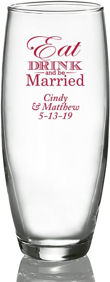 Personalized Color Printed Stemless Champagne Glass - Eat Drink And Be Married - Red - 12 pack