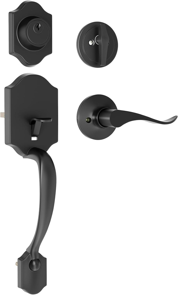 Front Door Handle and Deadbolt Set, Front Door Lock Set, Exterior Door Handle with Single Cylinder Deadbolt Lock, Reversible for Right & Left, Matte Black