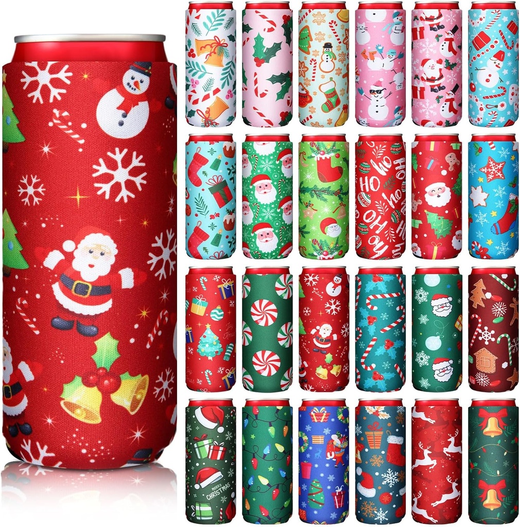 Pickmesh 24 Count Christmas Can Coolers Sleeves for Adults, Santa Claus Bottle Cooler Gifts, 12oz, Red, Green, Neoprene