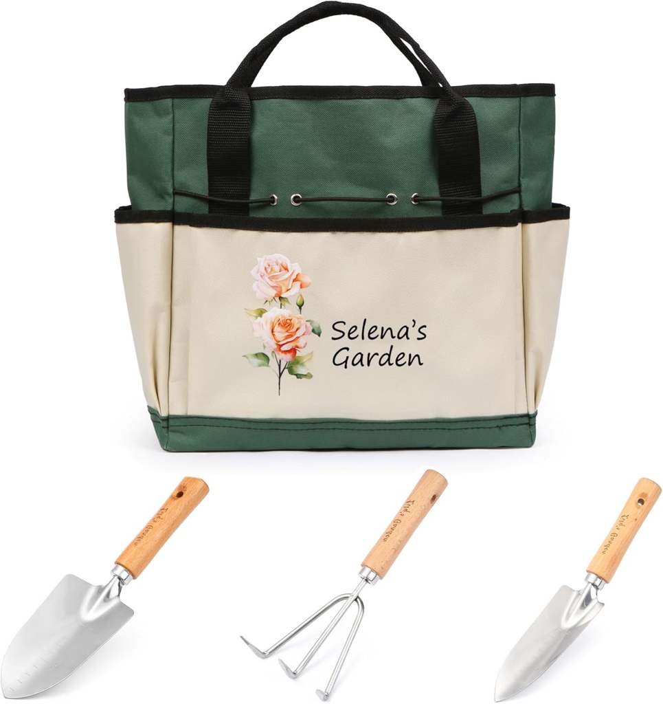 Personalized Garden Tools Set for Women: Custom Text Garden Tool Bag and Garden Shovel & Transplant Shovel & Hand Rake - Gardening Gifts for Mom Grandma Gardening Lover (Garden Bag)