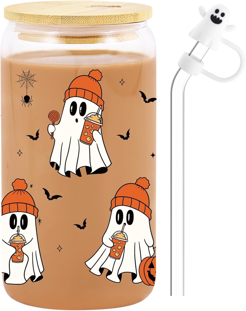 Cute Halloween Ghost Cup – 16oz Orange Hat Glass Tumbler with Lid, Straw & Ghost Cap | Boo Basket Stuffers Gifts for Women, Teens, Girls | Spooky Iced Coffee Cup for Decor, Parties & Fall Drinks