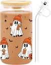 Cute Halloween Ghost Cup – 16oz Orange Hat Glass Tumbler with Lid, Straw & Ghost Cap | Boo Basket Stuffers Gifts for Women, Teens, Girls | Spooky Iced Coffee Cup for Decor, Parties & Fall Drinks