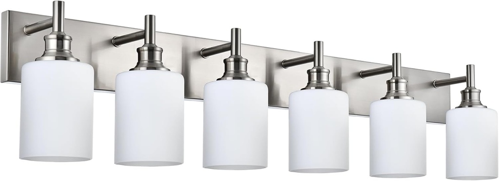 Brushed Nickel Bathroom Lighting Fixtures Over Mirror 6 Light Bathroom Vanity Light with Opal White Glass Shade, Modern Wall Sconces Lighting Vanity Fixtures for Bedroom Living Room
