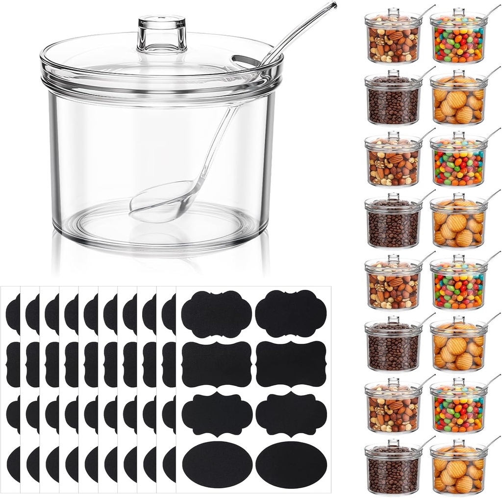16 Pieces Acrylic Sugar Containers for Countertop, 7.1 oz Clear Sugar Salt Bowl Dispenser with Lid and Spoon with Tag, Ice Cream Sundae Toppings, Condiment Organizer Set for Restaurant Supplies