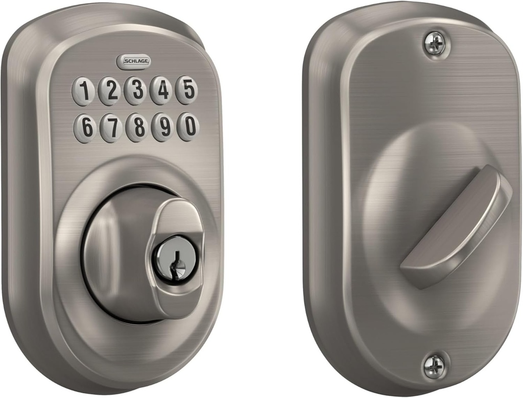 Schlage BE365 PLY 619 Plymouth Keypad Deadbolt, Electronic Keyless Entry Lock, Satin Nickel