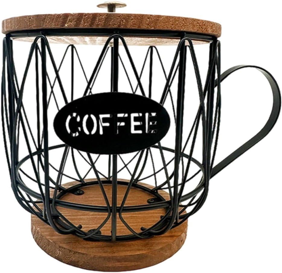 Coffee Capsule Organizer, Coffee Capsule Holder with Wooden Base, Coffee Bar Accessories, Wire Kup Storage Basket