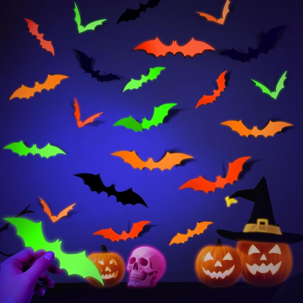 LOLStar 72PCS Glow Halloween Bats Decoration, 4 Different Size Glow in The Dark Party Supplies, Fluorescent 3D Paper Bat Stickers for Neon Party Decor DIY Wall Decal Indoor, Glow Halloween Party decor