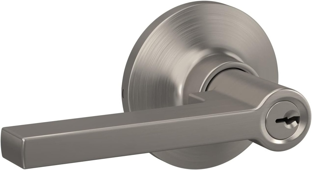 Lock Scout Straight Lever with Round Trim Keyed Entry Door Handle, Satin Nickel Finish