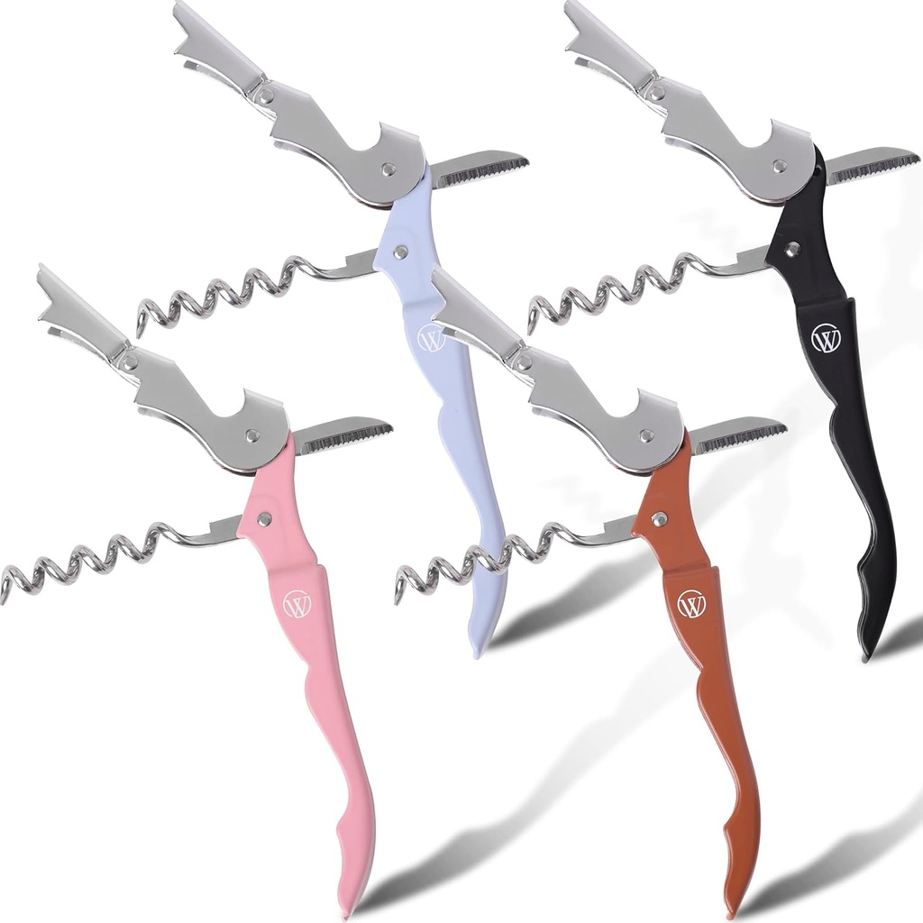 Bottle Opener - 4 Pack Corkscrew Wine Opener with Foil Cutter Tool - Manual Wine Key for Servers or Bartenders - Travel Cork Screw Wine Opener Set (4pk - Blue, Pink, Black, Brown)