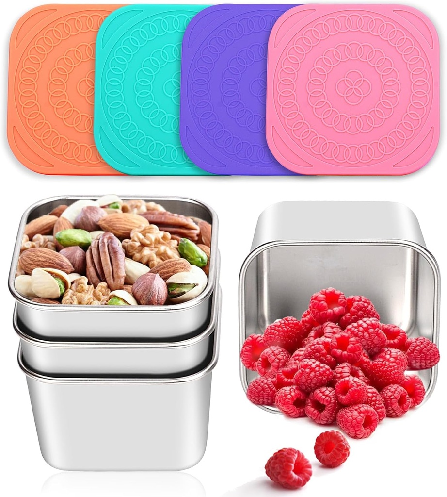 Haldane 4-Pack Kids Snack Containers 6oz | 304 Stainless Steel, Leak-Proof Silicone Lids | BPA-Free, Stackable for Daycare/School/Toddlers | Easy Open & Dishwasher Safe