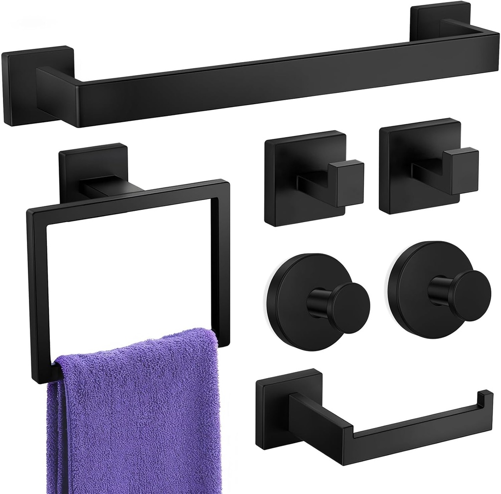 Bathroom Hardware Accessories Set: 7-Pieces Bath Towel Bar Set, Towel Racks for Bathroom Wall Mounted, SUS304 Stainless Steel, Matte Black