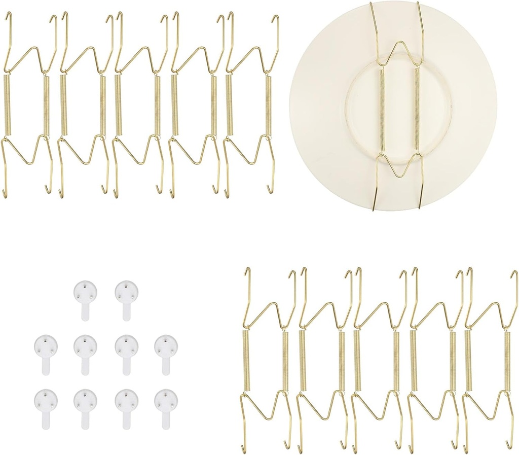 uxcell 10pcs Plate Hanger, 7 Inches Universal Stainless Steel Invisible Plate Hangers for The Wall W-Shaped Holder with Traceless Nail for Decorations, Golden
