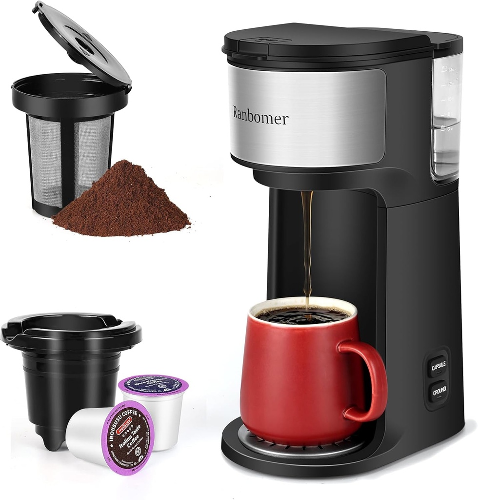 K Cup Coffee Maker. Pod Coffee Machine 14 Oz，Ground Coffee Maker. (Deep Black)