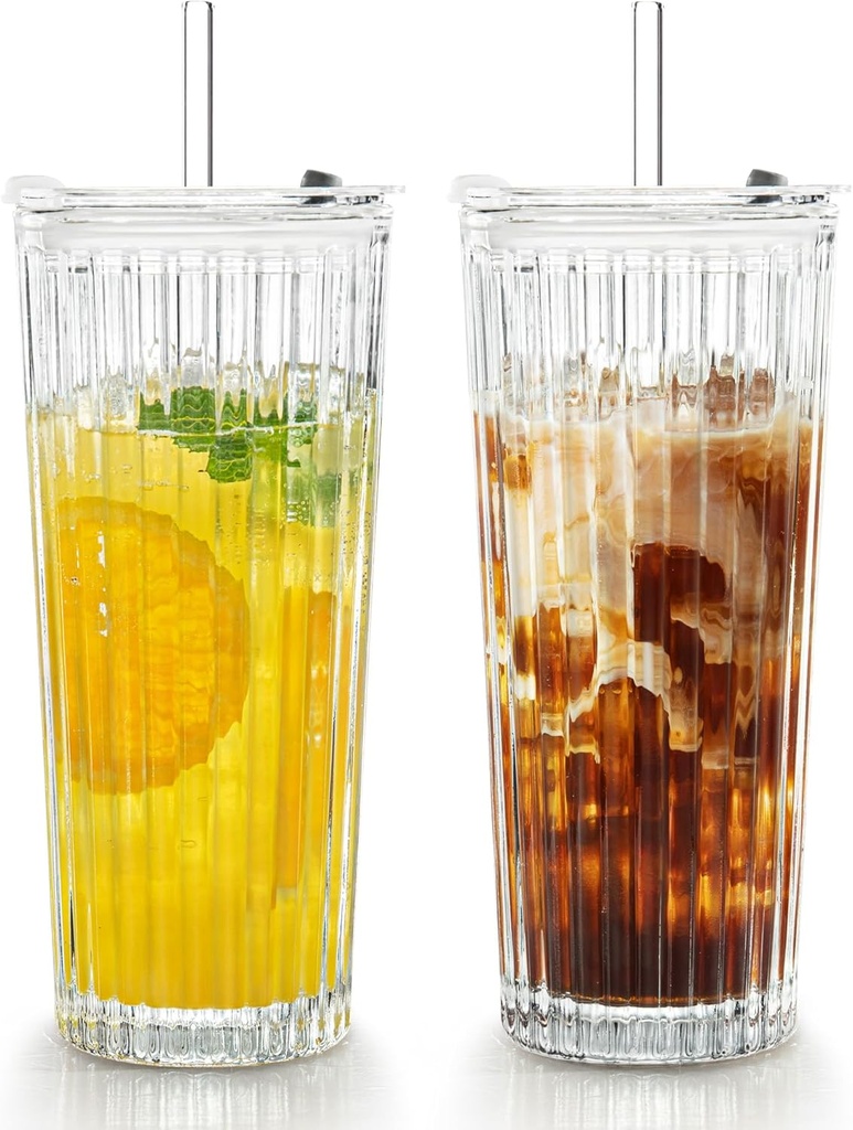 Puraville 2 Pack 18oz Glass Cups with Lids and Straws, Vintage Ribbed Striped Thickened Glassware for Whiskey Cocktail Beer, Mason Jar Drinking Glasses Tumbler Iced Coffee Cup, Clear