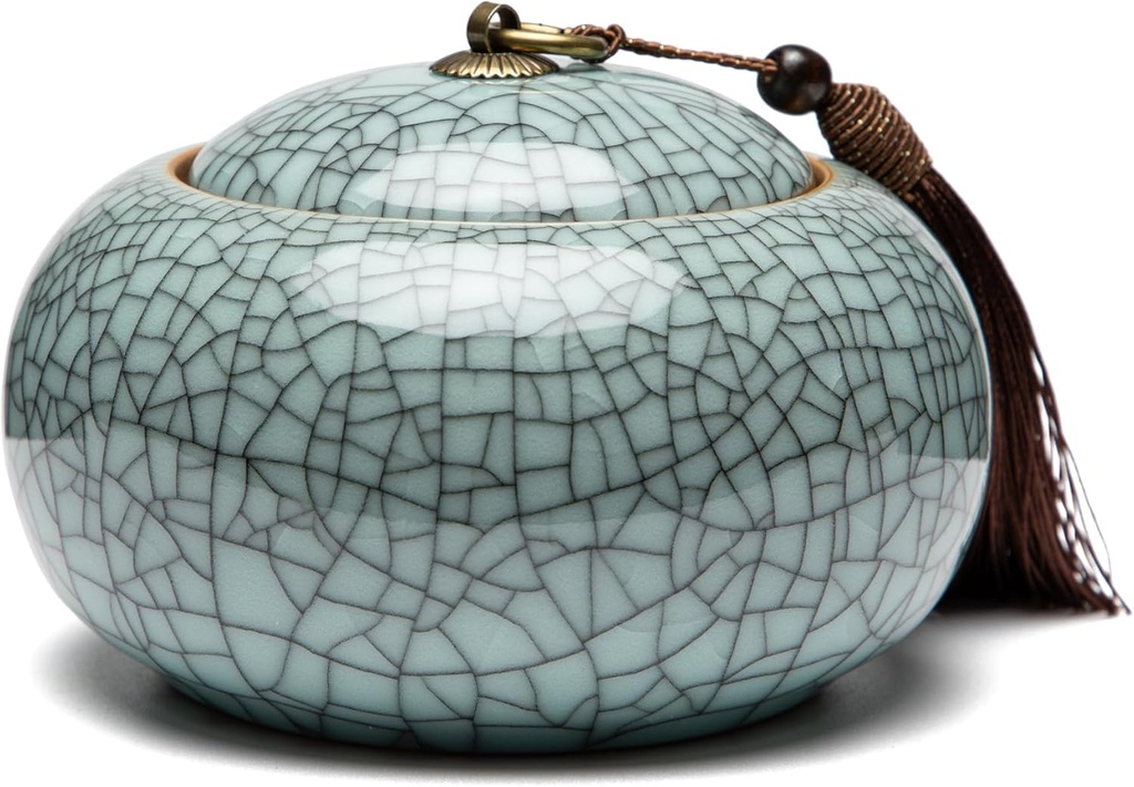 Longquan Celadon Loose Tea Storage Jar, 20 oz/600ml Green Porcelain Airtight Container -Ge Kiln,Lined Pink Cyan